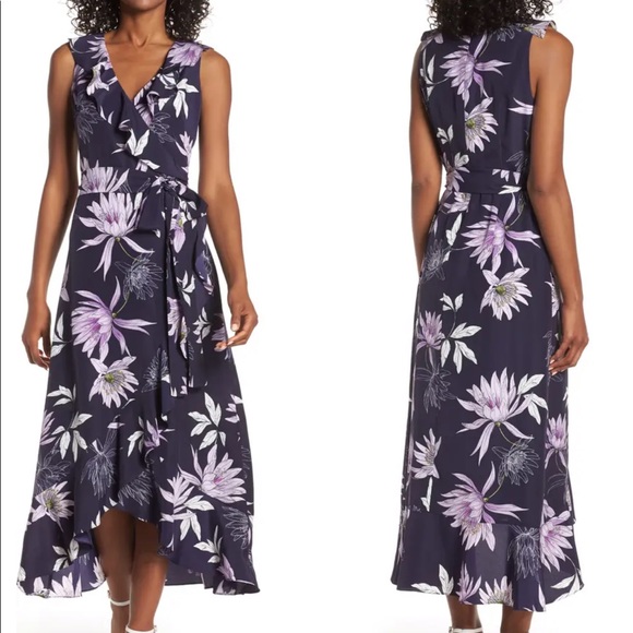 VINCE CAMUTO Asymmetrical Faux Wrap Floral Tie Waist Midi Dress - Picture 2 of 10